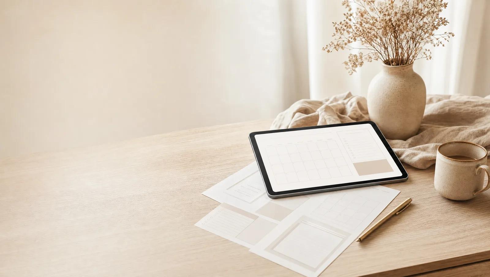 A warm styled desk with a tablet showing a planner template, printed pages, dried flowers, and coffee