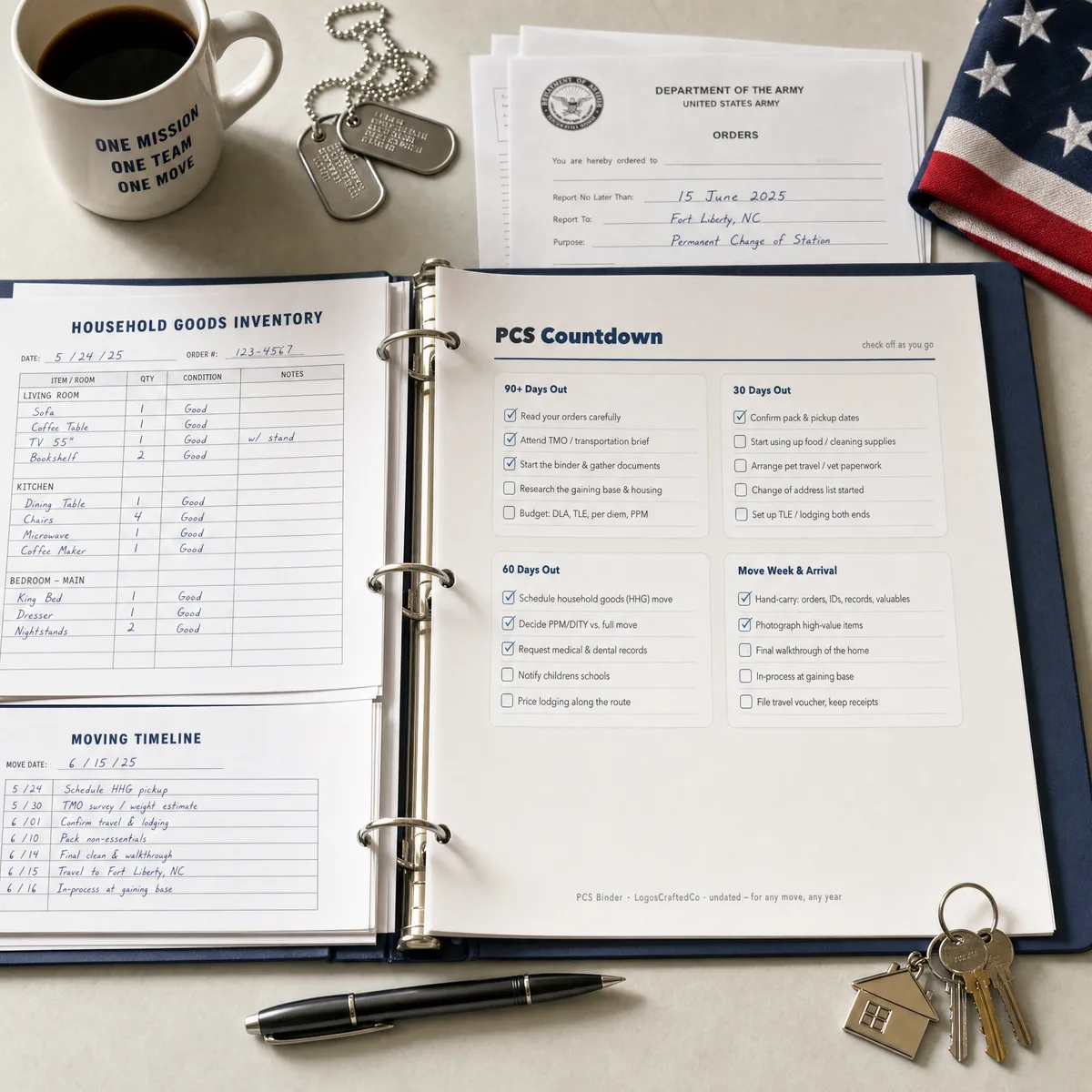 PCS Binder open to the PCS Countdown and Household Goods Inventory pages, styled with dog tags, Army orders, a flag, and house keys