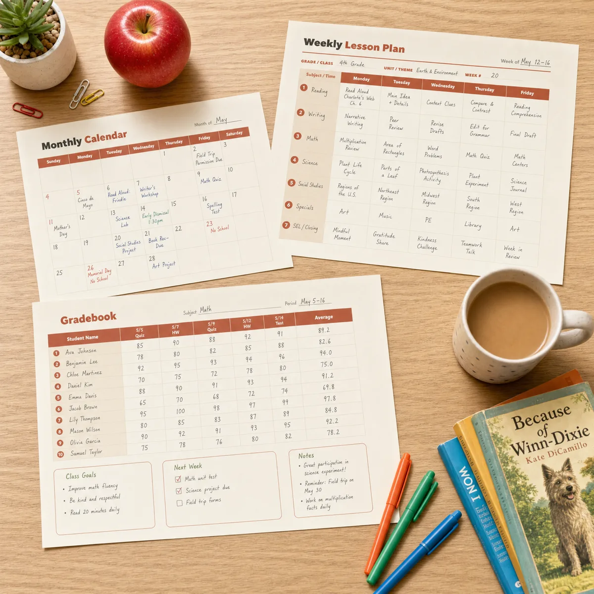 Teacher planner flat-lay with printed lesson plan, gradebook, and attendance pages